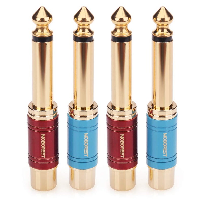 MOBOREST 1/4" Male to RCA Female Audio Adaptor - Pure Copper, 6.35mm Mono Plug TS, Color Paint Adapter Coupler, (1Red+1Blue) - Image 1
